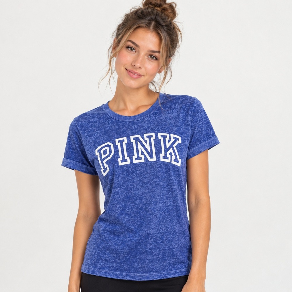 Victorias Secret PINK Blue Burnout Logo T-Shirt Short Sleeve XS 0374